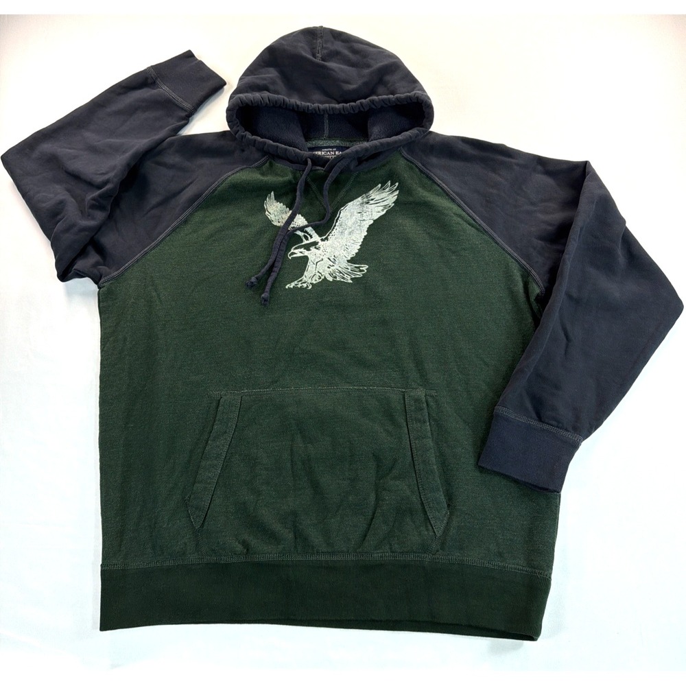 American Eagle Hoodie Mens XL Green Blue Logo Pullover Color Block Graphic